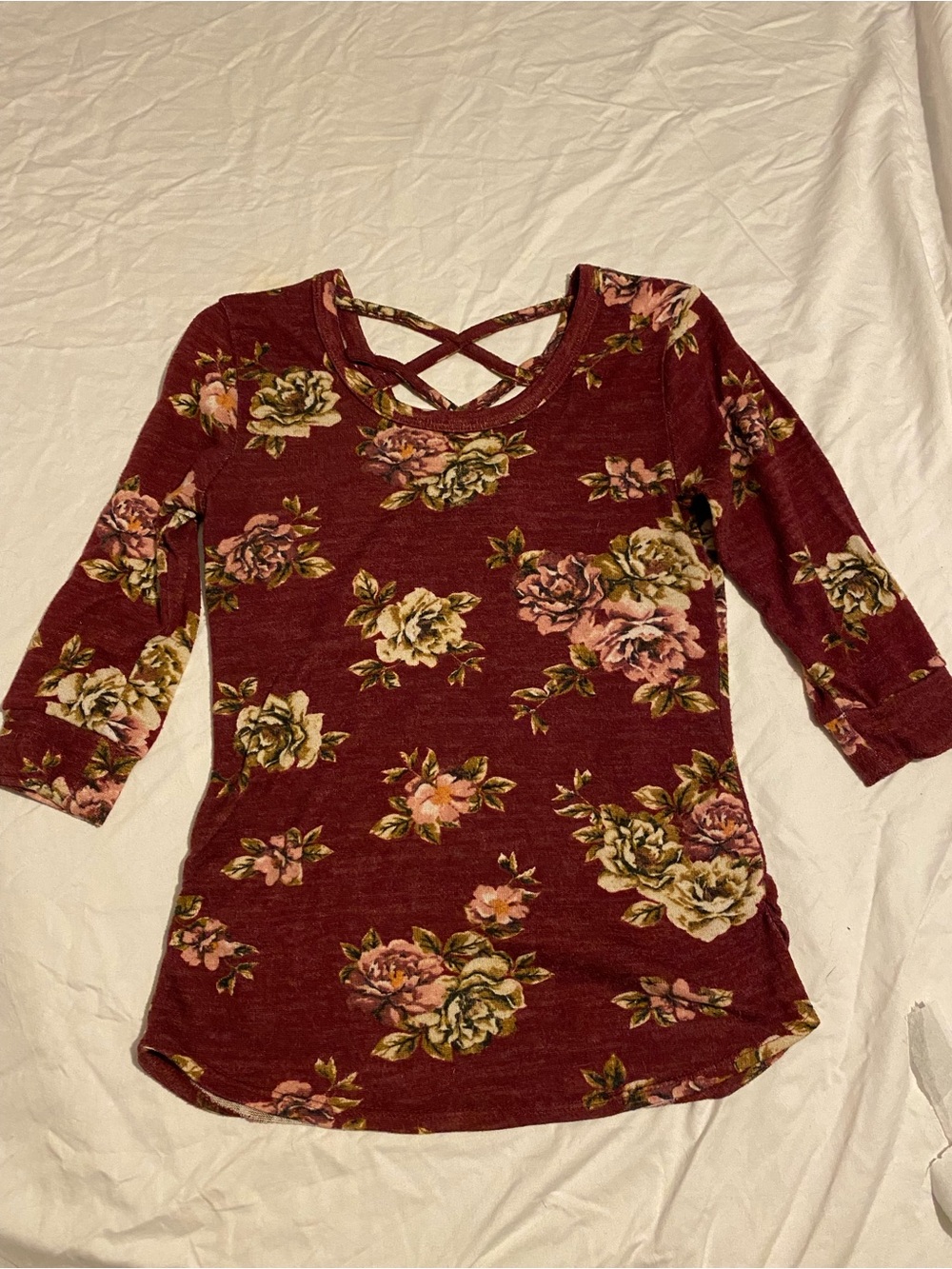 No Boundaries Burgundy Floral Crisscross Neck Long Sleeve Top